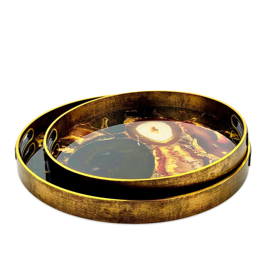 GOLDEN & BLACK ABSTRACT ROUND TRAYS (SET OF 2)