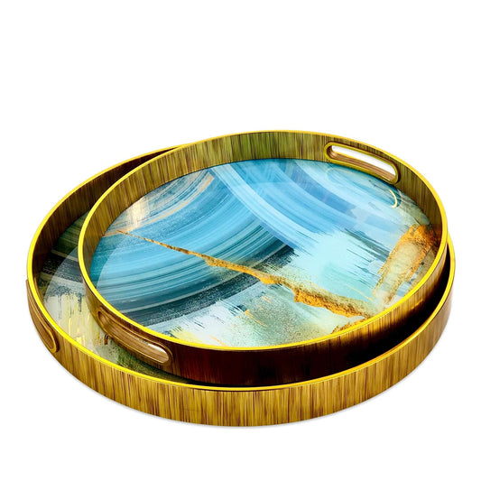 ABSTRACT BLUE OCEAN ROUND TRAYS (SET OF 2)